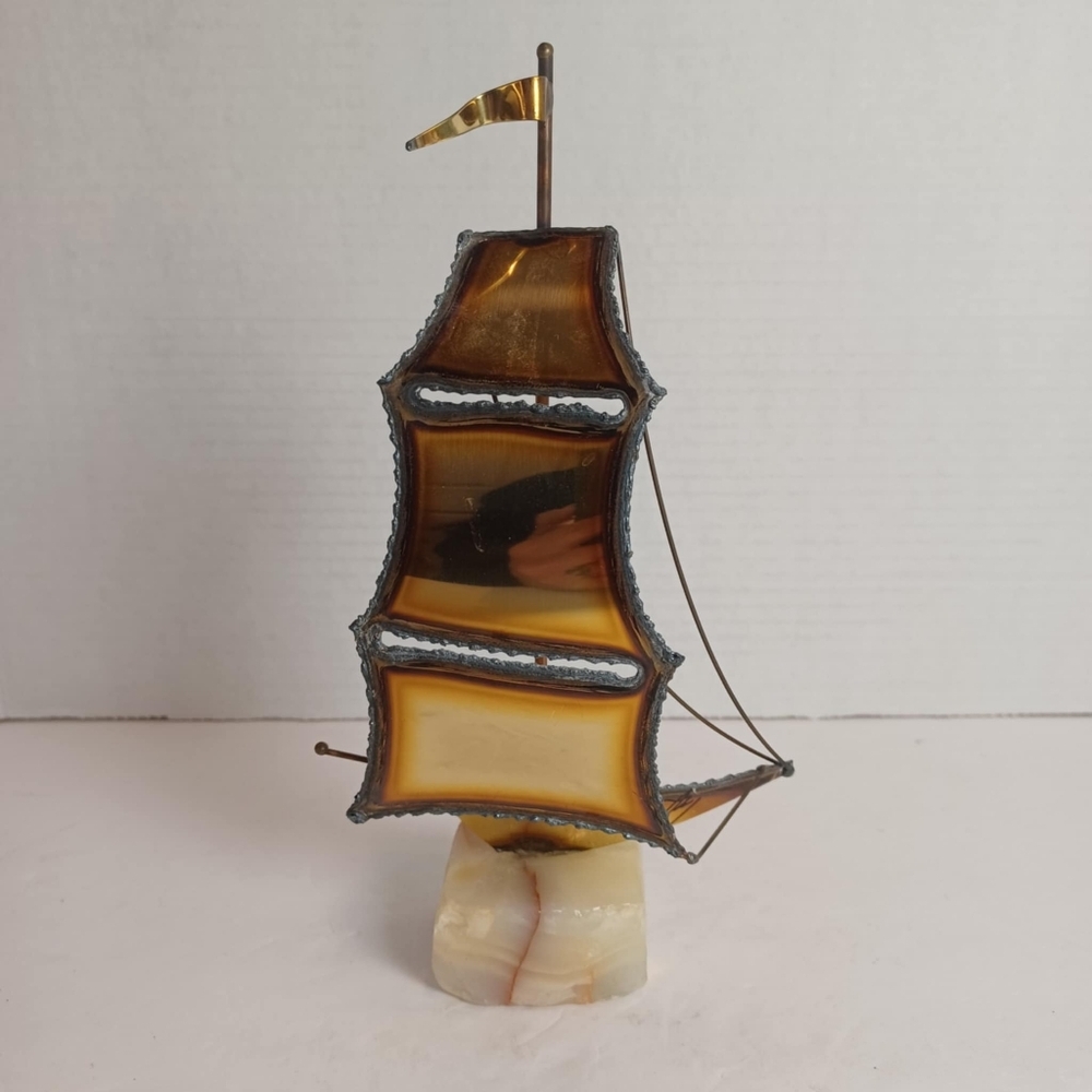 MCM Mario Jason Originals Handmade Brass Sailboat Sculpture Marble Vintage Decor